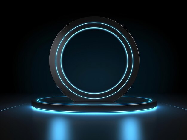 3D realistic empty black circle podium with circles neon light black background