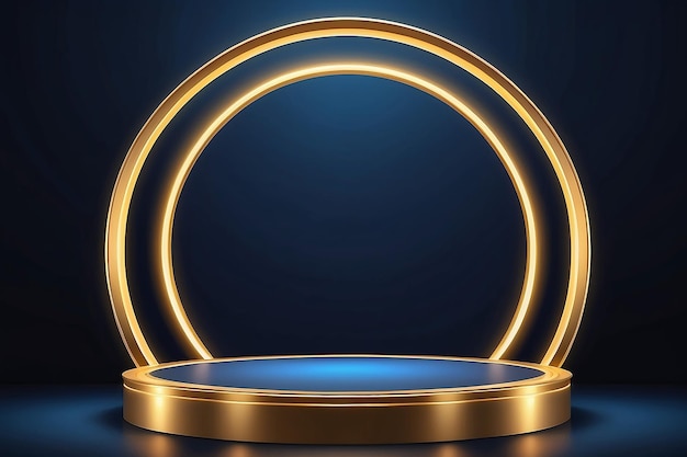 3D realistic empty gold podium stand with glowing golden circle illuminated neon lighting frame backdrop on dark blue background luxury style