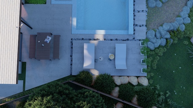 Foto vista dall'alto della casa della villa con piscina di design esterno realistico 3d con visualizzazione del giardino di design di lusso