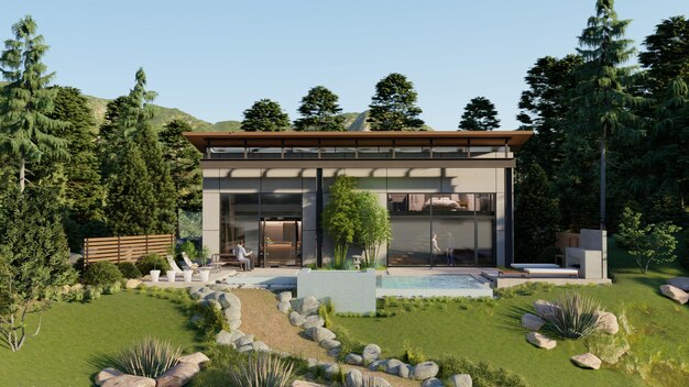 럭셔리 디자인 정원 시각화가 있는 3d 현실적인 외관 디자인 풀 빌라 하우스 Premium Photo