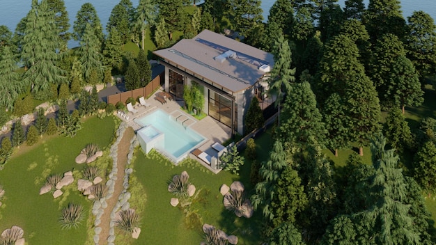 Foto vista realistica del drone esterno 3d con visualizzazione del giardino di design di lusso foto premium