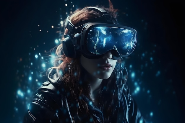 3d realistic female character with futuristic VR glasses and headset copy space metaverse concept technology video game and virtual reality 3d rendering Generative Ai