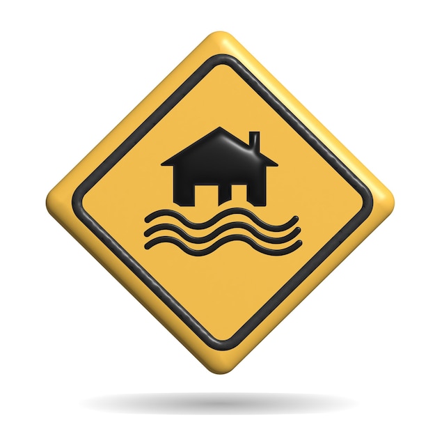 3D Realistic Flood Disaster Yellow Sign - House and waves on yellow sign isolated on white