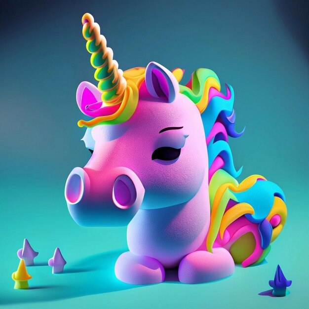 Photo 3d realistic fluffy unicorn with gradient horn isolated on blue background