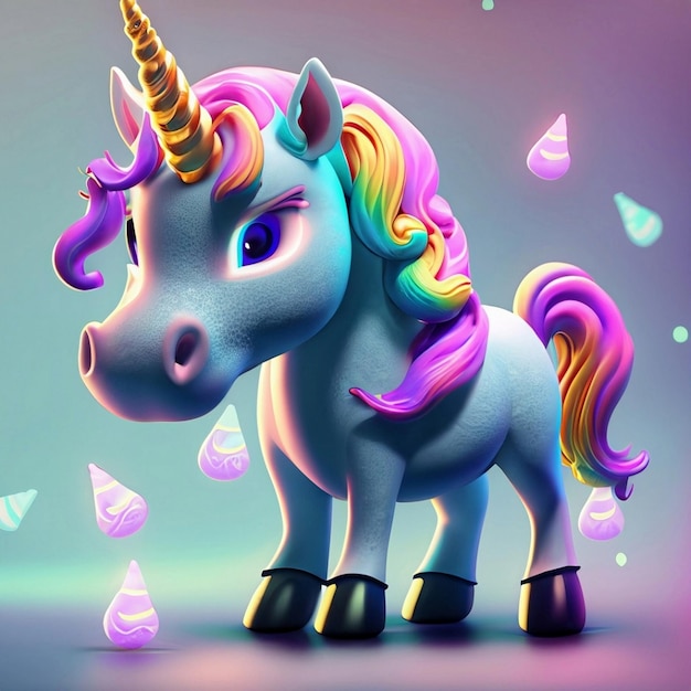 3d realistic fluffy unicorn with gradient horn isolated on blue background