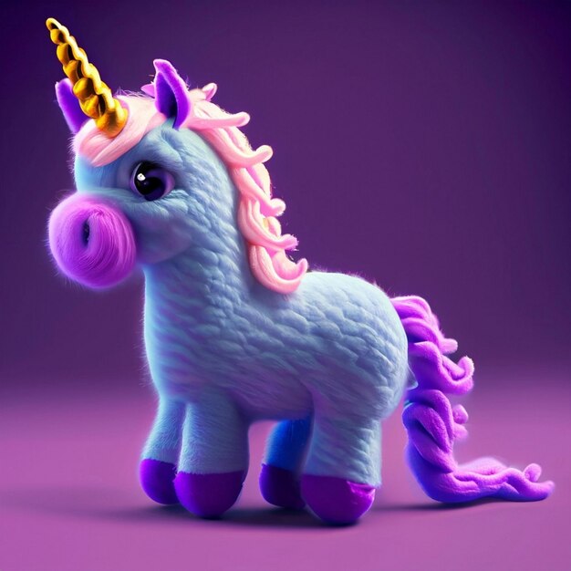 3d realistic fluffy unicorn with gradient horn isolated on blue background