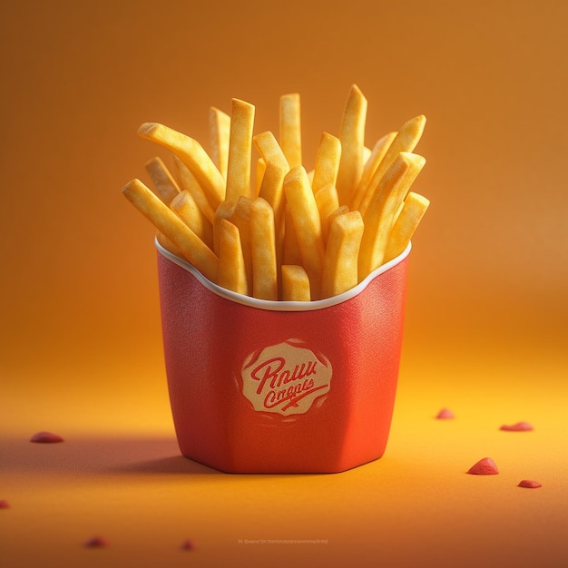 3d realistic fries in package on yellow background