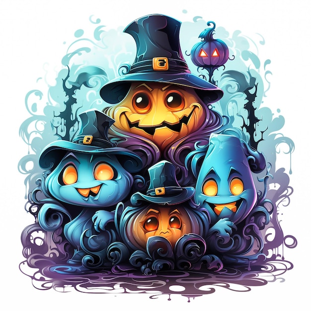 3D realistic funny smiling pumpkin with a cheerful face and black witch hat Illustration of a cute