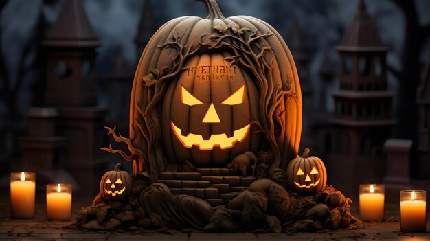 3d realistic halloween design with pumpkin at night beautiful lights generated by ai