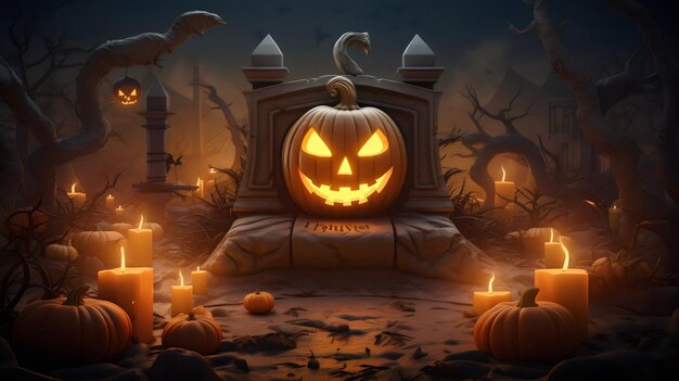 3d realistic halloween design with pumpkin at night beautiful lights generated by ai