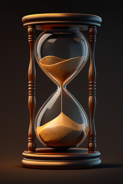 3d realistic hourglass with running sand inside on dark background Wooden body in retro style Time passing or countdown concept Image is AI generated