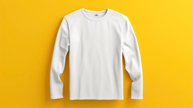 Photo 3d realistic image of a plain white long sleeve tshirt side view on yellow background