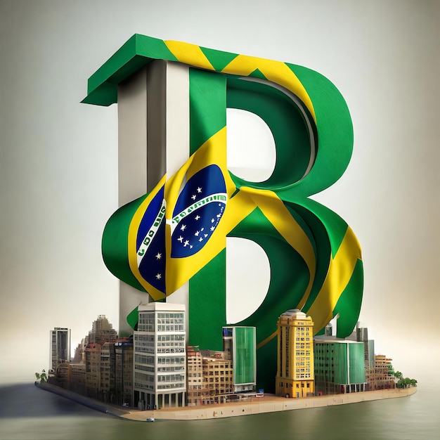 3D realistic letter of brazil capital city of buildings with letter b and flag manipulation