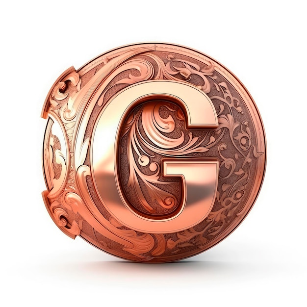 Photo 3d realistic letter g of copper with ancient ornament