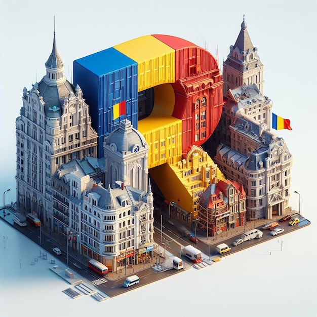 Foto lettera realista 3d della capitale della romania colore reale degli edifici con la lettera r e la bandiera