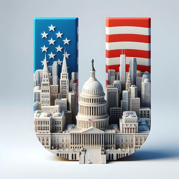 3d realistic letter of usa capital city of buildings with letter u and flag manipulation