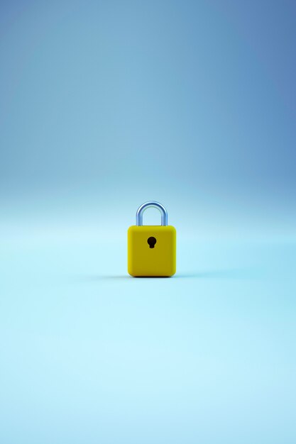 Photo 3d realistic lonely lock object from the door on an isolated blue background. golden door lock on a blue background. the keyhole. 3d graphics