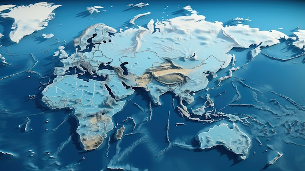 Трехмерная реалистичная карта Азиатско-Тихоокеанского региона с синим морским фоном. Создано с помощью генеративного ИИ.