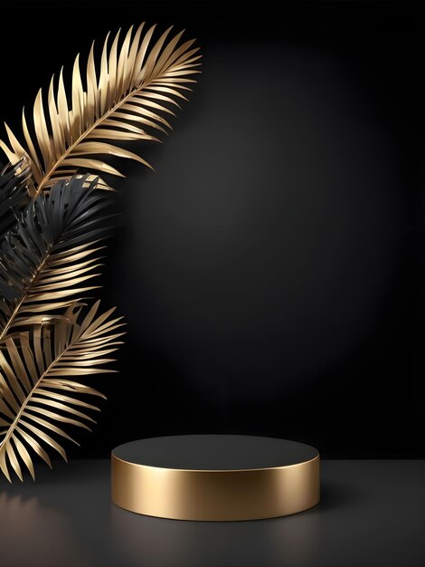 3d Realistic Minimal scene with geometric shapes cylindrical podium on a dark background gold leaves