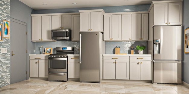 Photo 3d realistic mockup with gray twochambered refrigerator isolated on tile wall