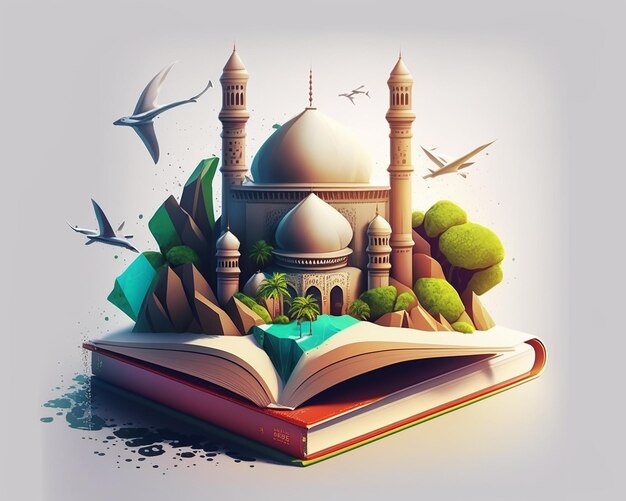 3d realistic mosque with open book islmaic background generative ai