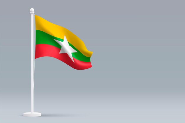 사진 copyspace와 회색 배경에 고립 된 3d 현실적인 국가 미얀마 국기