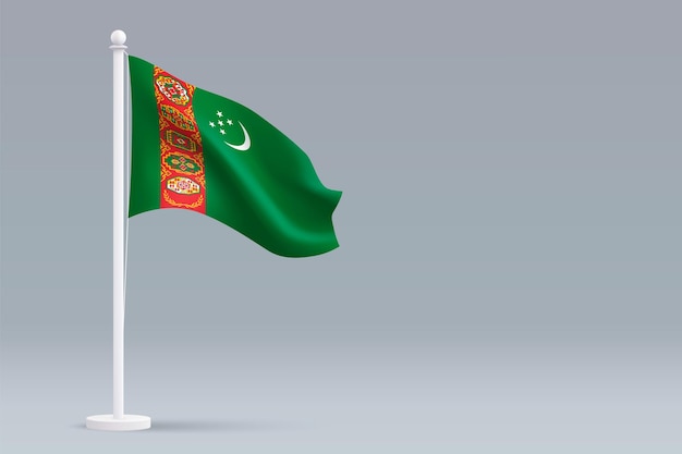 Photo 3d realistic national turkmenistan flag isolated on gray background with copyspace