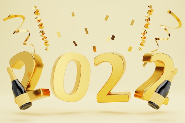 Photo 3d realistic new year wallpaper with gold confetti and champagne on white background