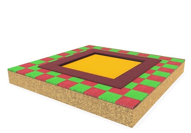 흰색 배경에 고립 된 아이들을위한 3d 현실적인 패턴 사각형 트램폴린 장비