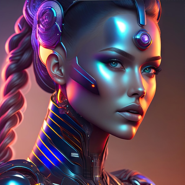 3d realistic portrait of Beautiful female cyborg