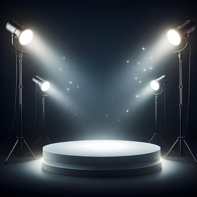 3d Realistic Presentation two focus spot lights on round white podium in the darkness