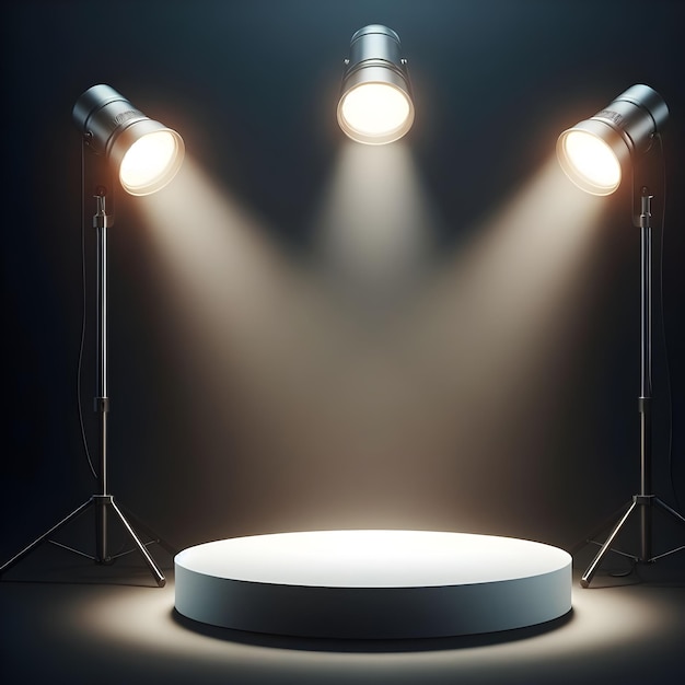 3d Realistic Presentation two focus spot lights on round white podium in the darkness