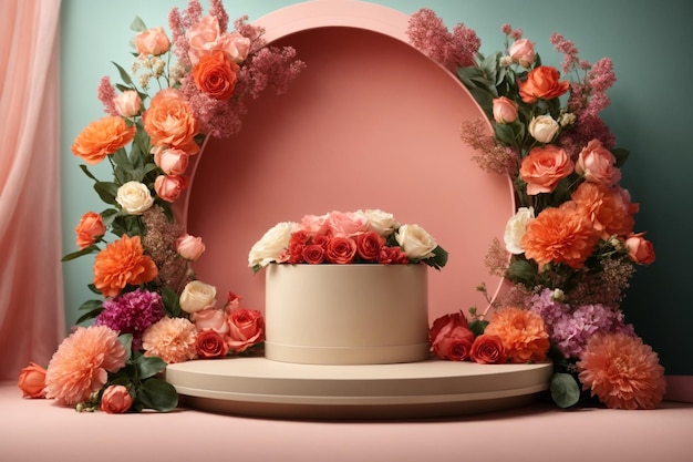 3D realistic products presented on a podium with colorful flowers and pink circular geometry on a green pastel background Mock ups for branding and packaging presentation