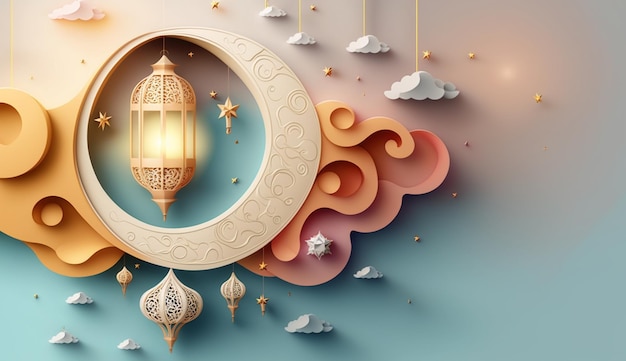 3d realistic ramadhan kareem lamp and moon pastel color premium 05