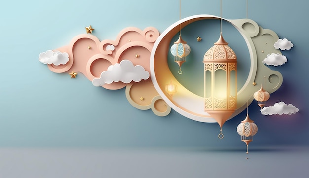 3d realistic ramadhan kareem lamp and moon pastel color premium 11