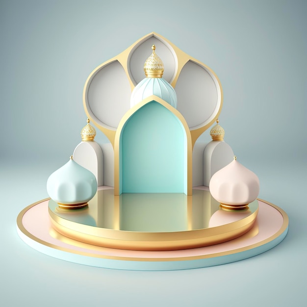 제품 디스플레이를 위한 3D 현실적인 렌더링 라마단 장면 이슬람 연단 배경