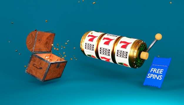 3d realistic roulette wheel on blue green background opened\
wooden chest with flying gold 3d render