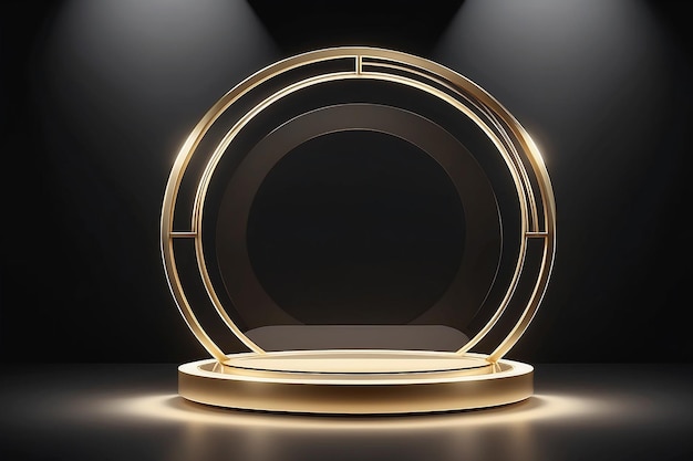 3D realistic studio room luxury minimal style shiny golden metallic podium stand with circle transparent glass and lighting effect on dark background Product display for beauty cosmetic showroom