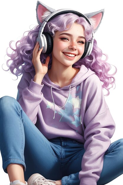 Photo 3d realistic style cartoon girl pink hair character wearing blue denim jacket with black headphone