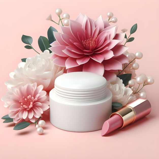 3d realistic White cosmetics product with pink flower