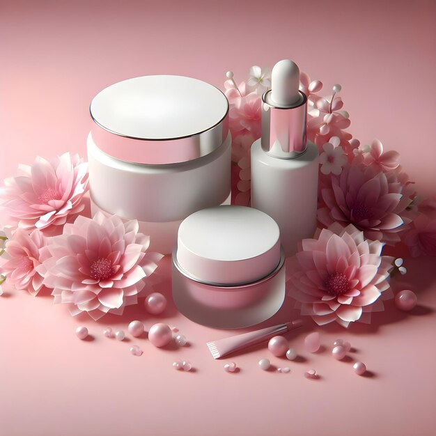 Photo 3d realistic white cosmetics product with pink flower