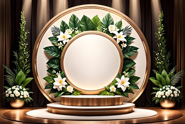 Photo 3d realistic wooden podium with greenery and flowers in the background great for advertising banner