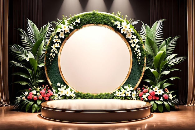 3d realistic wooden podium with greenery and flowers in the background Great for advertising banner