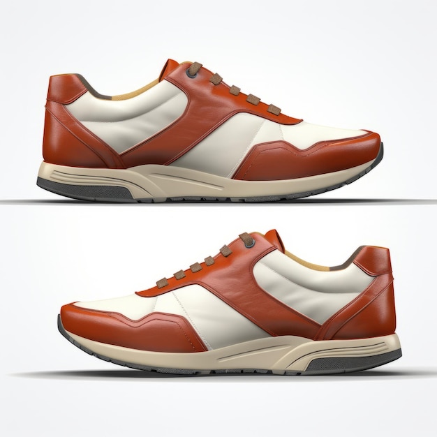 3D realistisch patroon van witte en oranje schoenen in bruin Bauhaus-ontwerp