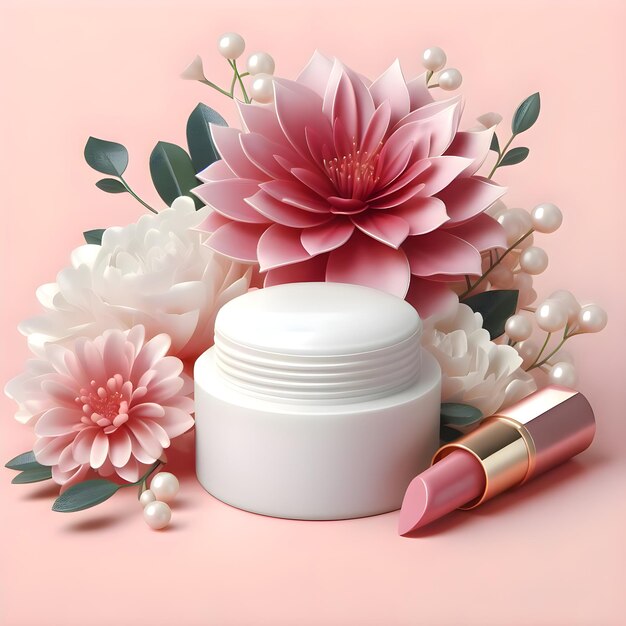 3d realistisch wit cosmetisch product met roze bloem