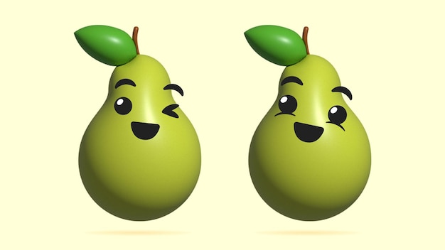 3D realistische digitale illustratie van perenfruit stripfiguur Concept kunst van een gelukkig perensmileygezichtspictogram Gezonde voeding emoji van perenfruit Vers rijp perenfruit