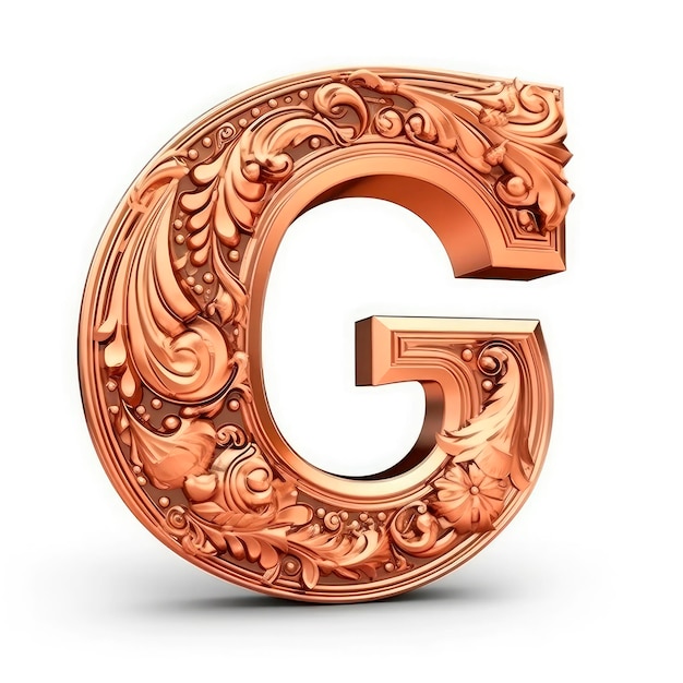 Foto 3d-realistische letter g van koper met oud ornament