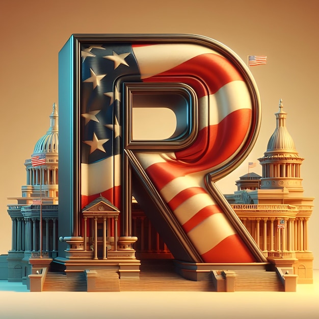 Foto 3d realistische letter van de amerikaanse hoofdstad echte kleur van het bedrijf met r en vlag met achtergrond