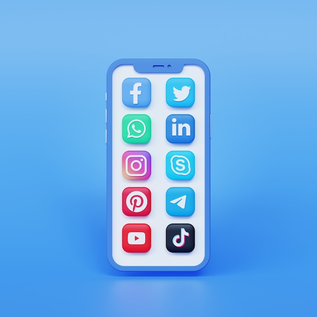 Foto 3d-realistische smartphone met social media icon. blauwe achtergrond