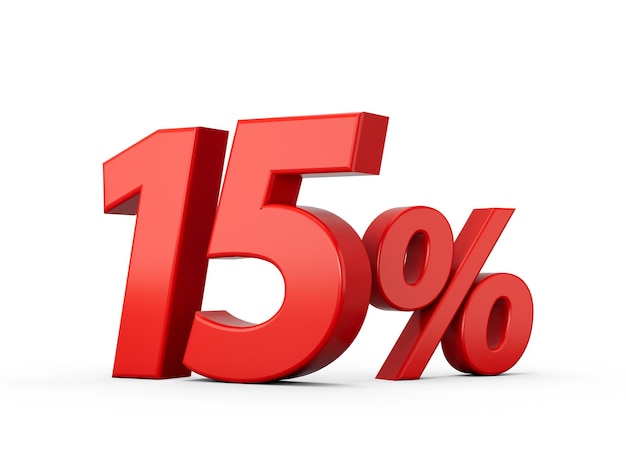 3d Red 15 Fifteen Percent Sign on White Background 3d illustration